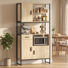 Armário de Cozinha Alto, 90 x 30 x 170 cm, 3 Portas com Fecho Suave, cor Natural
