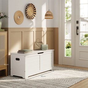 Caixa de arrumação com 2 dobradiças de segurança 40 x 100 x 46 cm branco