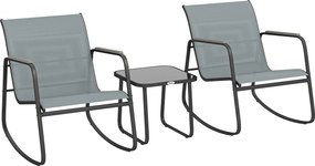 Conjunto de Jardim de 3 Peças com 2 Cadeiras de Balanço e Mesa com Tampo de Vidro e Estrutura de Aço para Pátio, Cinza