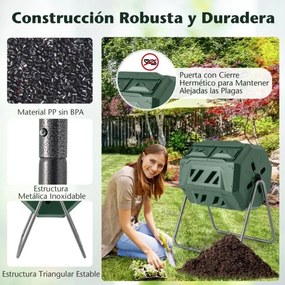 Tambor de Compostagem 160 L de Câmara Dupla com 2 Portas Deslizantes para Resíduos de Jardim Verde