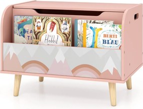 Estante organizadora de brinquedos em madeira 60 x 40 x 43 cm com tampa rebatível e dobradiça de segurança rosa