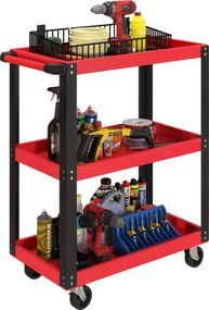 Carrinho de Ferramentas com 3 Prateleiras Rodas e Alças para Garagem Mecânica Casa Carga 120 kg Vermelho e Preto