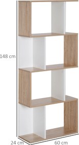 Estante de 4 níveis, móvel de arrumação em forma de S com prateleiras, estante para sala de estar, quarto ou escritório, 60 x 24 x 148 cm, madeira nat