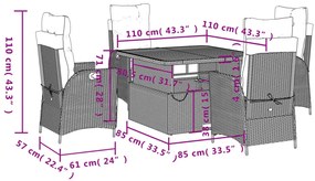 5 pcs conjunto de jantar p/ jardim com almofadões vime PE bege