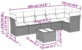 7 pcs conjunto sofás p/ jardim c/ almofadões vime PE cinzento