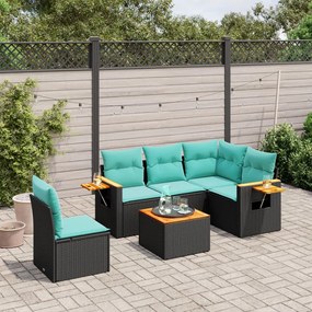6 pcs conjunto de sofás p/ jardim c/ almofadões vime PE preto
