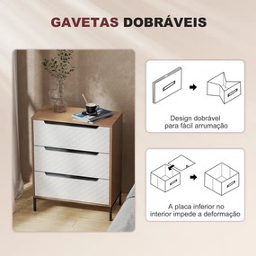 Cómoda com 3 Gavetas de Tecido Frentes com Padrão de Diamante 59,5x30x73,5 cm Móvel de Arrumação Madeira e Branco