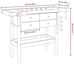 Bancada de trabalho c/ gavetas/tornos 124x52x83cm acácia maciça