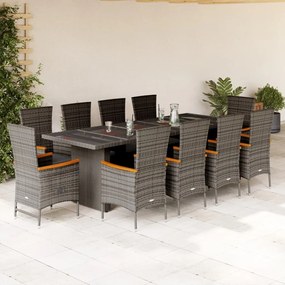 vidaXL 11 pcs conjunto jantar p/ jardim c/ almofadões vime PE cinzento