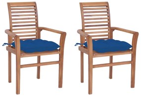 Cadeiras de jantar c/ almofadões azuis 2 pcs teca maciça