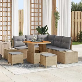 Conjunto de Sofás de Jardim de 8 peças com Almofadas em Vime PE Bege Acácia