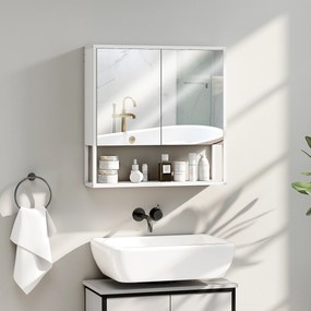 Armário de parede para casa de banho com espelho, móvel de casa de banho, 2 portas com espelho, prateleira aberta 60 x 16 x 60 cm, branco