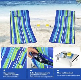Conjunto de 2 espreguiçadeiras de praia dobráveis Tapetes de praia com mesa portáteis para a praia, jardim, campismo Riscas azuis