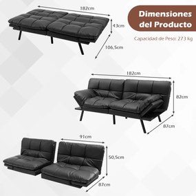 Sofá-cama dobrável de 3 lugares 182 x 87 x 82 cm PU Futon conversível de espuma viscoelástica com encosto e apoios de braços ajustáveis Preto