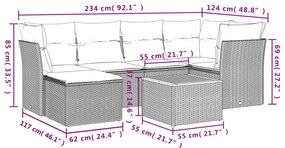 7 pcs conjunto de sofás p/ jardim com almofadões vime PE bege