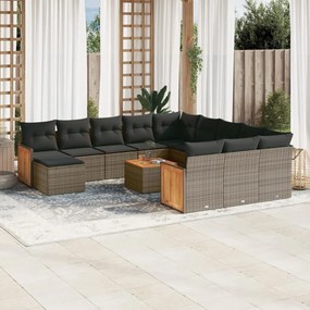 13 pcs conjunto sofás p/ jardim c/ almofadões vime PE cinzento