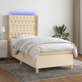 Cama box spring c/ colchão e LED 90x190 cm tecido cor creme