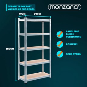 Conjunto de 2 estantes para cargas pesadas galvanizadas com capacidade de carga 875 kg, 180 x 90 x 40 cm Prateado