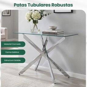 Mesa Consolal 115 x 45 x 78 cm com Tampo Temperado e Pernas de Metal para Sala ou Hall Entrada Prateada