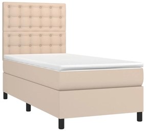 Cama box spring c/ colchão/LED 90x190cm couro artif. cappuccino