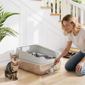 Caixa de Areia para Gatos em Aço Inoxidável XXL com Borda Alta Pá Fácil de Limpar À Prova de Fugas 70x50x30 cm Cinzento