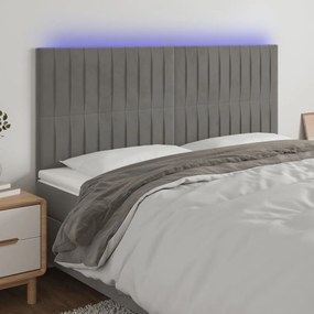 Cabeceira cama c/ luzes LED veludo 200x5x118/128cm cinza-claro