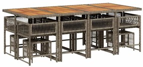 13 pcs conjunto jantar p/ jardim c/ almofadões vime PE cinzento