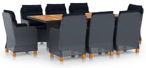 9 pcs conj. jantar exterior c/ almofadões vime PE cinza-escuro