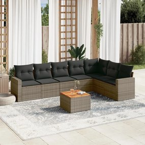 8 pcs conjunto sofás de jardim c/ almofadões vime PE cinzento
