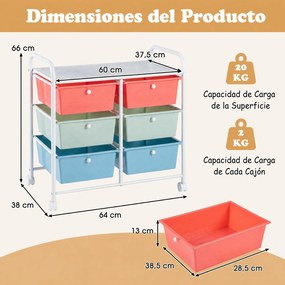 Carrinho de Arrumação com 6 Gavetas, 64 x 38 x 66 cm, Rodas Giratórias com Travão, Multicolor