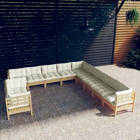 vidaXL 11 pcs conjunto lounge jardim c/ almofadões creme pinho maciço