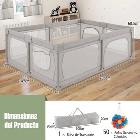 Parque para bebés 206 x 147 x 68,5 cm com rede respirável, bolsa de transporte, 50 bolas oceânicas e porta com fecho de correr  – Cinza claro
