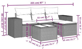 5 pcs conjunto sofás de jardim com almofadões vime PE preto