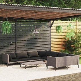 vidaXL 9 pcs conj. lounge jardim c/ almofadões vime PE cinzento-escuro