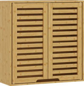HOMCOM Armário de Parede de Bambu Móvel de Casa de Banho Suspenso com Prateleira Ajustável Portas de Ripas 60x20x60 cm Madeira | Aosom Portugal
