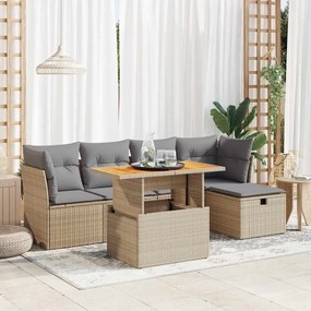 6 pcs conjunto sofás jardim com almofadões vime PE/acácia bege