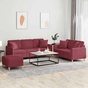 vidaXL 3 pcs conjunto de sofás com almofadas tecido vermelho-tinto