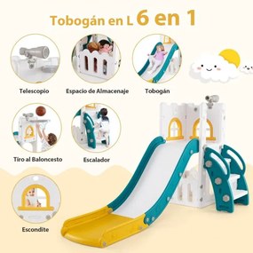 Escorrega infantil 6 em 1 para crianças com cesto de basquetebol e telescópio, com espaço de arrumação amarelo e verde