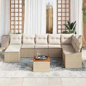 Sofá de Jardim 9 Peças com Almofadas Bege em Rattan Sintético e Madeir