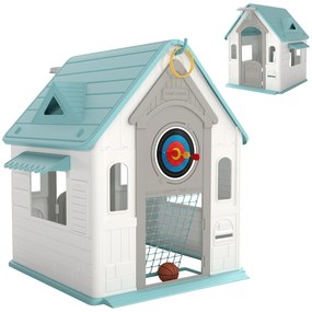 Casa de Brincar para Crianças 5 em 1 Casa de Jardim com Lançamento de Anéis Basquetebol Futebol Dardos 132x118x124 cm Bege, verde, cinzento