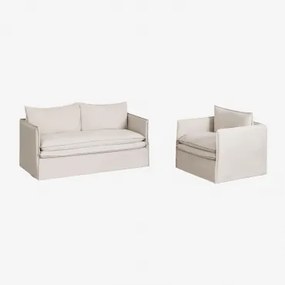 Conjunto De Sala De Estar Com Sofá De 2 Lugares E Poltrona Em Linho E Algodão Grace Tecido Beige - Sklum