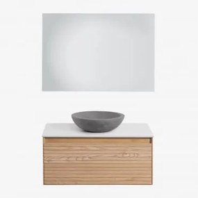Conjunto De Móveis De Banheiro Em Madeira Tedrik Ash Castanho Fresno & Cimento Cinzento Redondo Ø40 Cm Tarsis & Led Retangular - Sklum