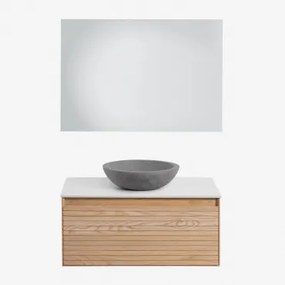 Conjunto De Móvel De Casa De Banho Suspenso 80x50 Cm Em Madeira De Freixo Tedrik Castanho Fresno & Cimento Cinzento Redondo Ø40 Cm Tarsis - Sklum