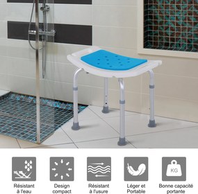 Assento de duche regulável em altura; banco de duche ergonómico; pés antiderrapantes; carga máxima de 135 kg; alumínio e HDPE; branco e azulFR