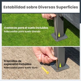 Conjunto de Tenda bar para jardim 245 x 245 x 243 cm com 3 peças com 2 bancos de bar Mesa de bar em vidro temperado Estante de armazenamento Cinza