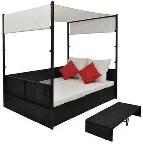 Espreguiçadeira de jardim com toldo 190x130 cm vime PE preto