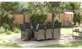 vidaXL Conjunto de Jantar de Jardim de 9 Peças com Almofadas Cinza Rattan de Poliéster