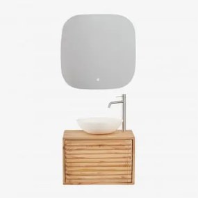 Conjunto De Móveis De Banheiro De Madeira Suspensos Deleyna Madeira Natural & Cimento Redondo Branco Ø40 Cm Zavion & Quadrado Led - Sklum