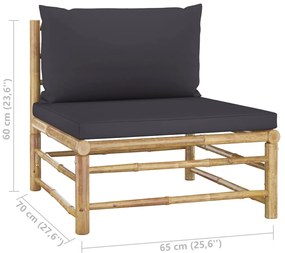 6 pcs conj. lounge jardim em bambu c/ almofadões cinza-escuro