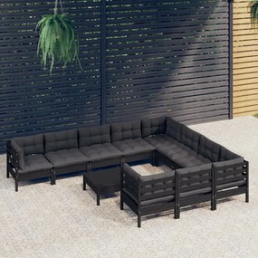 vidaXL 11 pcs conjunto lounge de jardim c/ almofadões pinho preto